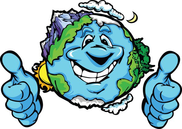 تصویر وکتور کارتونی سیاره زمین خندان شاد با کوه ها و اقیانوس ها که انگشت شست را بالا می برند