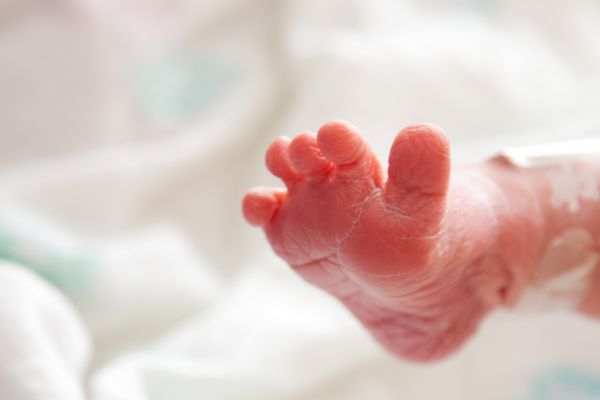 پای کوچک چروکیده نوزاد تازه متولد شده با فضایی برای متن