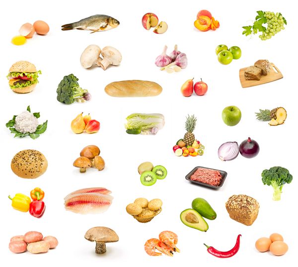 مجموعه ای از غذا میوه و سبزیجات جدا شده در پس زمینه سفید