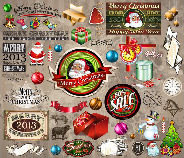 عناصر طراحی تایپوگراف قدیمی کریسمس 2013 برچسب های قدیمی روبان برچسب بابل و جعبه هدیه پرنده قطره مایع چرخش و غیره