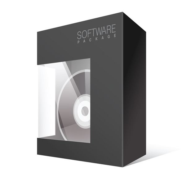 جعبه مقوایی بسته بندی سیاه و سفید مدرن با یک پنجره پلاستیکی شفاف داخل دیسک دی وی دی یا سی دی وکتور