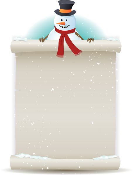 تصویر پس زمینه آدم برفی بابا نوئل از یک شخصیت کارتونی آدم برفی بابانوئل که تابلوی کاغذ پوستی سفید را برای تعطیلات کریسمس و زمستان یا لیست هدیه کودکان در دست دارد