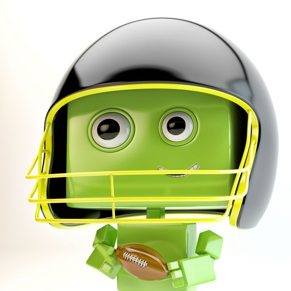 اسباب بازی رباتیک سبز خندان در کلاه ایمنی با توپ رندر 3ds max بازیکن فوتبال آمریکایی