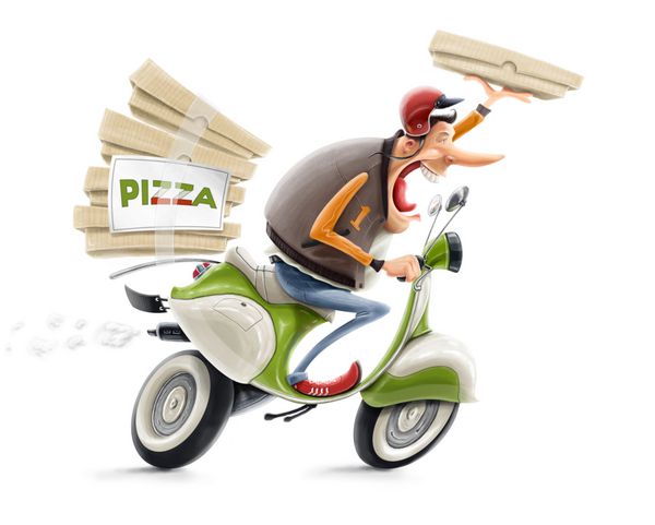 مرد در حال تحویل پیتزا روی تصویر دوچرخه جدا شده در پس زمینه سفید