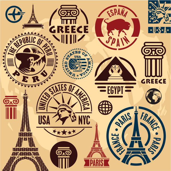 تمبرهای مسافرتی مجموعه آیکون های سفر مجموعه برچسب های سفر