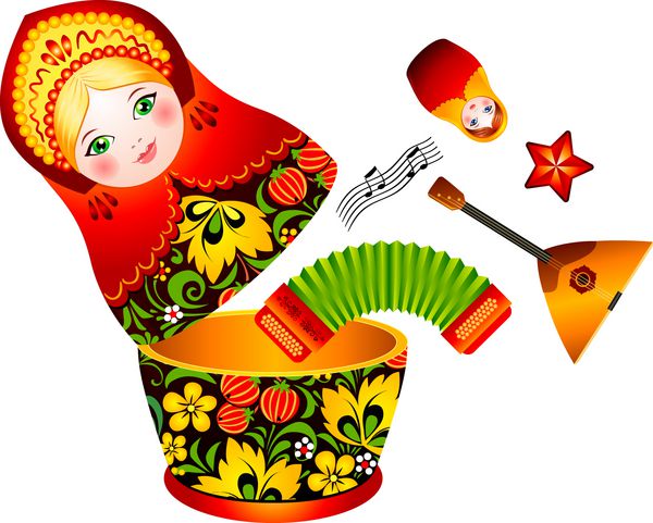 عروسک ماتریوشکا باز شده با غریزه های موسیقی در داخل به سبک سنتی hohloma مارکی از زیور آلات سنتی روسی که برای نقاشی روی چیزهای چوبی - قاشق ظروف و غیره استفاده می شود