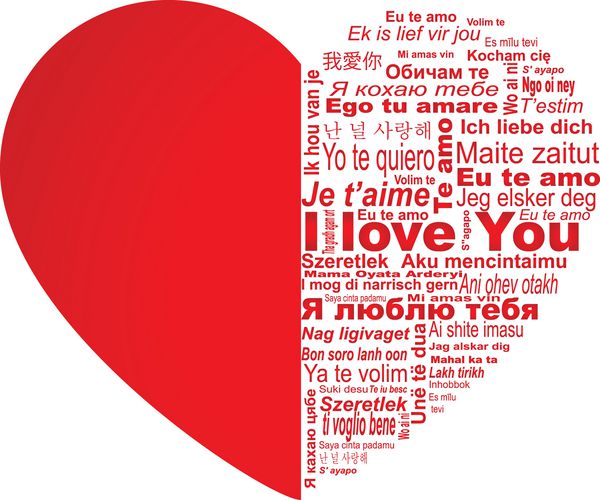 قلب بزرگ قرمز با کلمات دوستت دارم به تمام زبان های دنیا