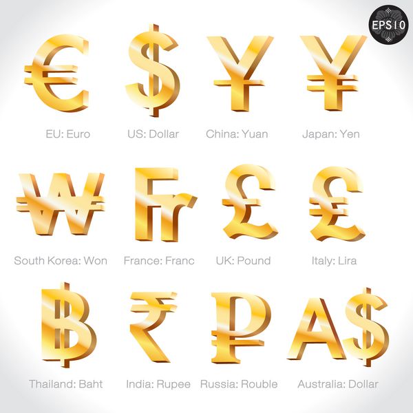 علائم ارز - دلار یورو ین یوان وون فرانک پوند لیر بات روپیه روبل پوند نماد پول برداری