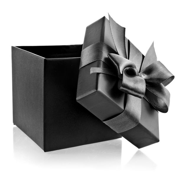 باز شده جعبه سیاه بسته بندی کمان روبان جدا شده بر روی سفید
