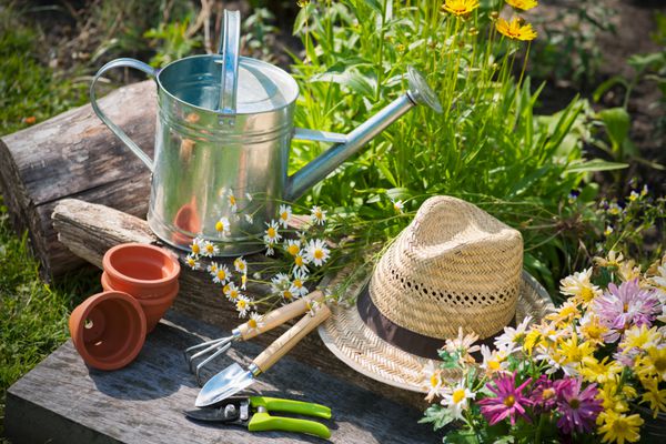 ابزار باغبانی و کلاه حصیری روی چمن های باغ