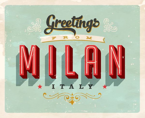کارت پستال وینتیج توریستی - میلان ایتالیا - وکتور جلوه های گرانج را می توان به راحتی برای یک علامت کاملاً جدید و تمیز حذف کرد