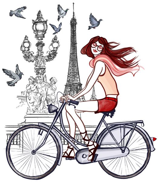 وکتور از یک زن در حال دوچرخه سواری در پاریس
