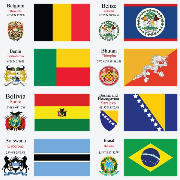 پرچم‌های جهانی بلژیک بلیز بنین بوتان بولیوی بوسنی و هرزگوین بوتسوانا و برزیل با سرمایه‌های بزرگ مختصات جغرافیایی و نشان تصویر هنری وکتور