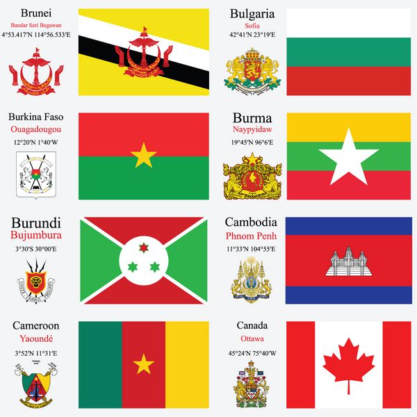 پرچم‌های جهانی برونئی بلغارستان بورکینافاسو برمه یا میانمار بوروندی کامبوج کامرون و کانادا با سرمایه مختصات جغرافیایی و نشان وکتور هنری