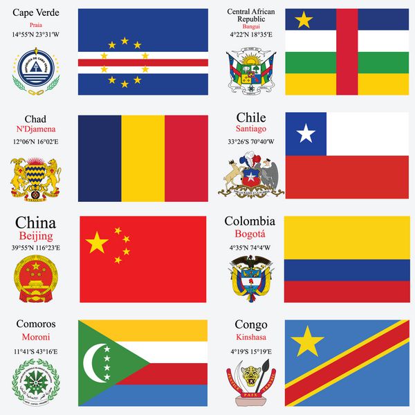 پرچم های جهان کیپ ورد جمهوری آفریقای مرکزی چاد شیلی چین کلمبیا کومور و کنگو با پایتخت مختصات جغرافیایی و نشان تصویر هنری وکتور