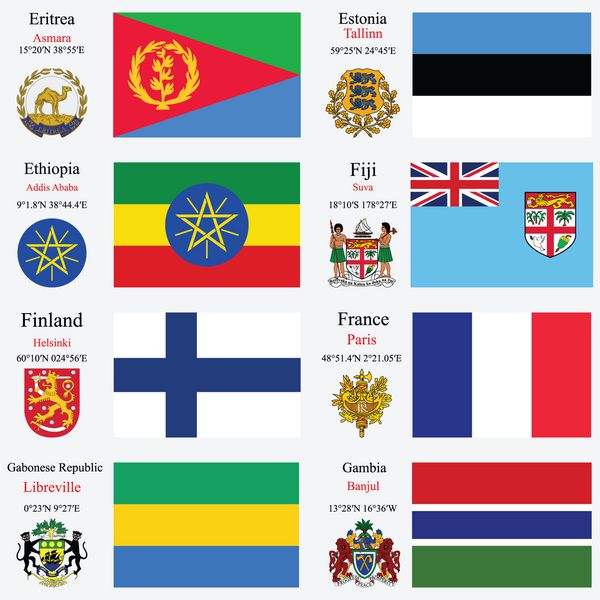 پرچم‌های جهان اریتره استونی اتیوپی فیجی فنلاند فرانسه جمهوری گابن و گامبیا با پایتخت مختصات جغرافیایی و نشان تصویر هنری برداری