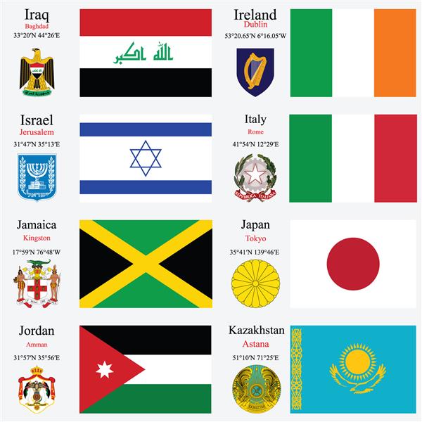 پرچم های جهان عراق ایرلند ایتالیا جامائیکا ژاپن اردن و قزاقستان با حروف بزرگ مختصات جغرافیایی و نشان تصویر هنری وکتور