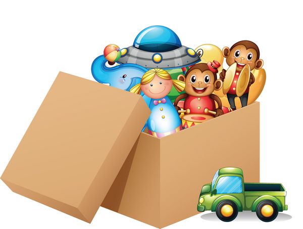تصویر جعبه ای پر از اسباب بازی های مختلف در پس زمینه سفید