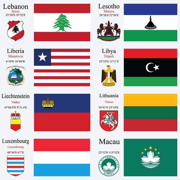 پرچم‌های جهان لبنان لسوتو لیبریا لیبیا لیختن اشتاین لیتوانی لوکزامبورگ و ماکائو با سرمایه مختصات جغرافیایی و نشان وکتور هنری