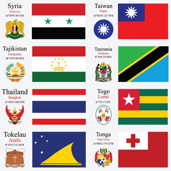 پرچم‌های جهان سوریه تایوان تاجیکستان تانزانیا تایلند توگو توکلاو و تونگا با حروف بزرگ مختصات جغرافیایی و نشان تصویر هنری وکتور