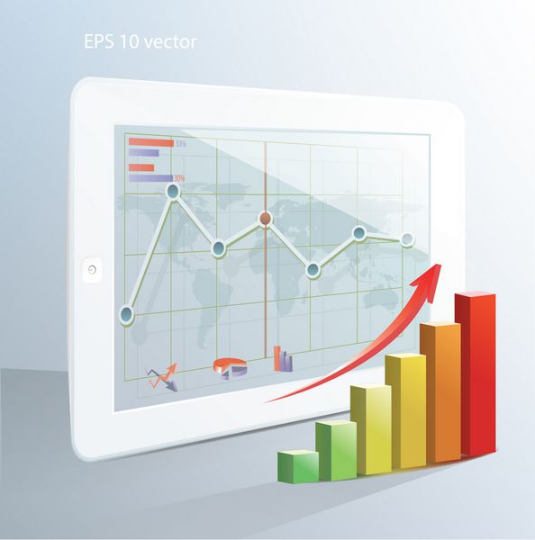 مفهوم تجاری رایانه لوحی با برنامه و نمودار بورس وکتور