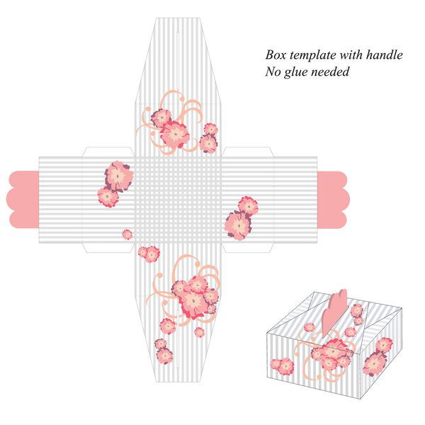 قالب جعبه با دسته بدون نیاز به چسب وکتور با راه راه و گل های صورتی