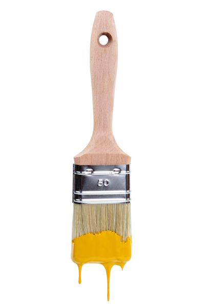 قلم مو با رنگ زرد چکه ای جدا شده روی پس زمینه سفید