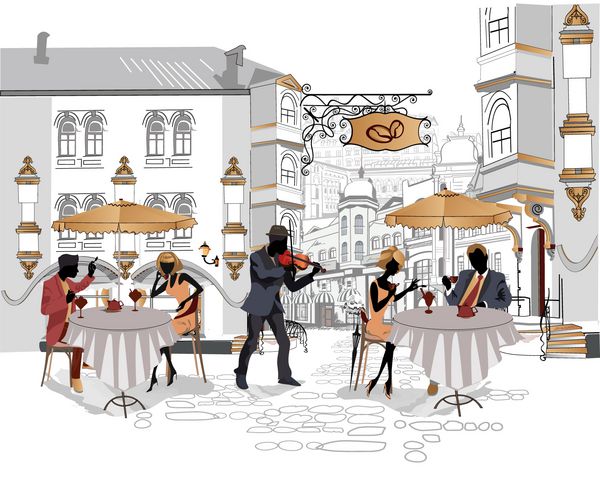 مجموعه ای از کافه های خیابانی با مردم در حال نوشیدن قهوه در شهر با یک نوازنده