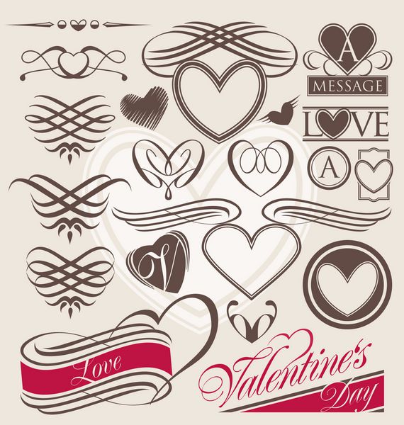 مجموعه ای قدیمی از عناصر طراحی قلب مجموعه خوشنویسی رترو برای دعوت عروسی مجموعه وکتور نمادهای عشق برای روز