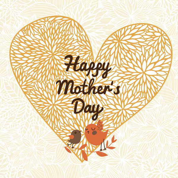 قلب ساخته شده از گل با پرندگان کارتونی کارت تبریک روز مادر