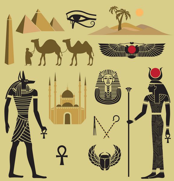 نمادها و نشانه های مصر - نمادهای مصر باستان و جدید از جمله اهرام جیزه صحرا کاروان آنوبیس و هاتور