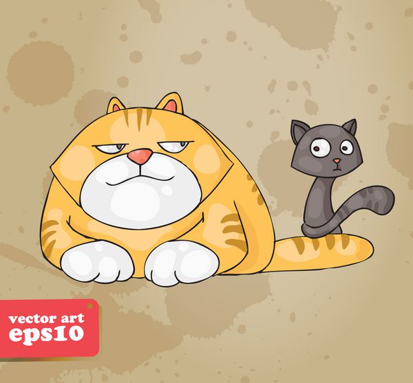 گربه زنجبیلی بزرگ و یک گربه خاکستری کوچک