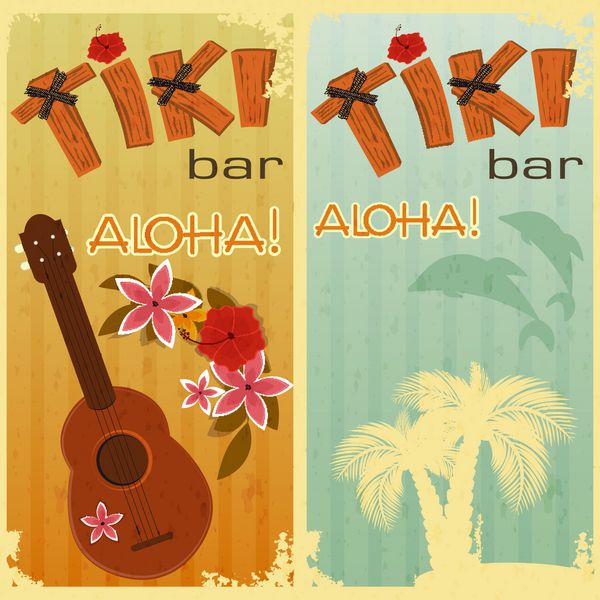 کارت های رترو برای تیکی اس مهمانی هاوایی دو کارت پستال به سبک قدیمی با متن کشیده شده با دست آلوها و تیکی - وکتور