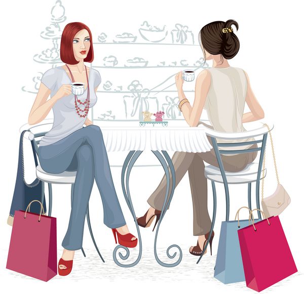 دو دختر با فنجان های قهوه روی میز جدا شده روی پس زمینه سفید نشسته اند همه اشیا گروه بندی می شوند