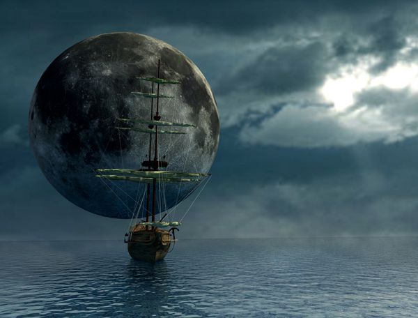 کشتی قدیمی و ماه اثر هنری دیجیتال