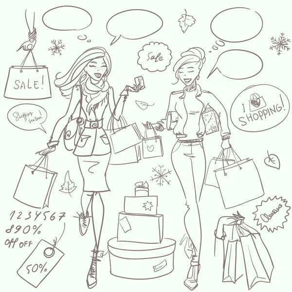 زنان جوان نقاشی شده با کیسه های خرید در حال چت ابله خرید طرح