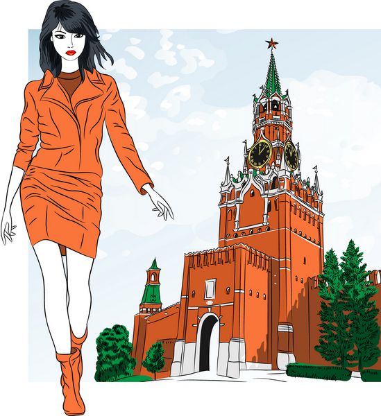 وکتور دختر مد دوست داشتنی در پس زمینه برج اسپاسکایا کرملین مسکو روسیه نمایی از میدان قرمز