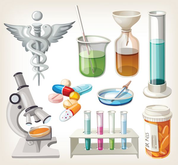 مجموعه ای از لوازم مورد استفاده در فارماکولوژی برای تهیه دارو