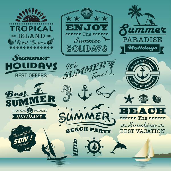 طراحی تایپوگرافی تابستانی قدیمی با برچسب ها مجموعه عناصر نمادها