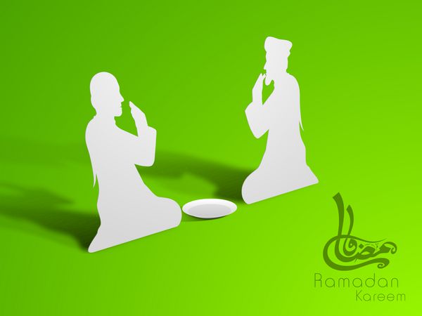 خط عربی اسلامی متن رمضان کریم و رمضان کریم با دو مرد مسلمان در حال آماده شدن برای افطار