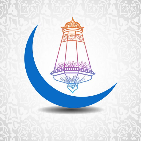 هلال ماه آبی با فانوس عربی تزئین شده مفهومی برای جامعه مسلمانان ماه مبارک رمضان یا رمضان
