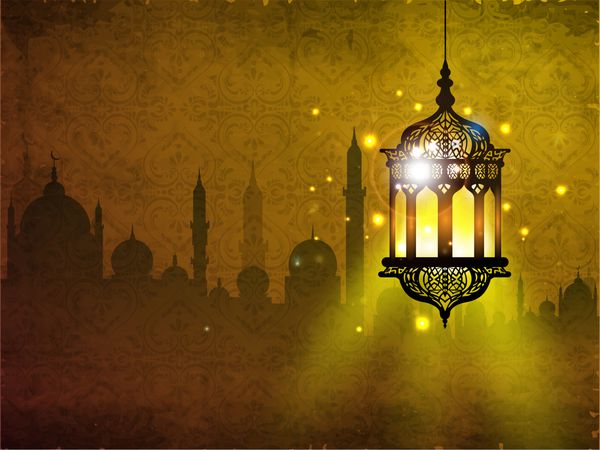چراغ عربی پیچیده منور با پس زمینه شب انتزاعی براق برای کریمه رمضان