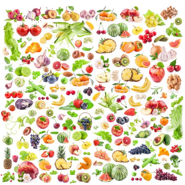 مجموعه بزرگی از میوه ها و سبزیجات جدا شده در پس زمینه سفید