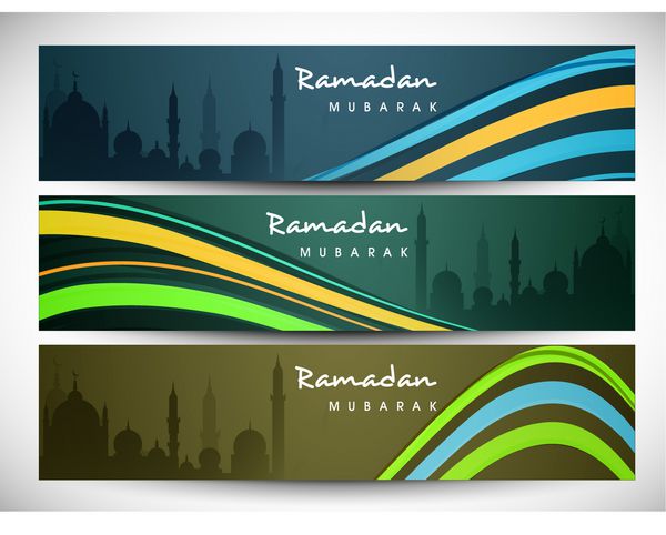 مجموعه هدر یا بنر سایت با امواج براق و نمای مسجد ویژه ماه مبارک رمضان