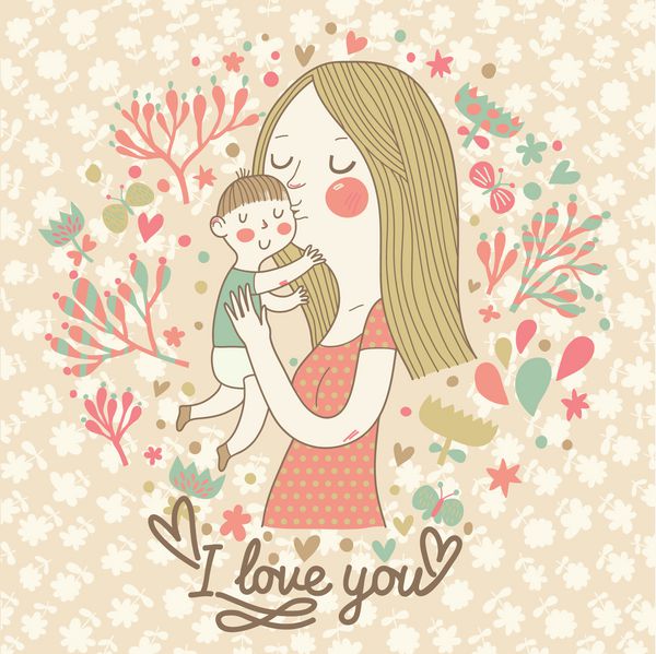 کارت وکتور رترو زیبا با مادر و کودک روز مادر مبارک پس زمینه گل های قدیمی با زن و نوزاد کارت پستال دوستت دارم