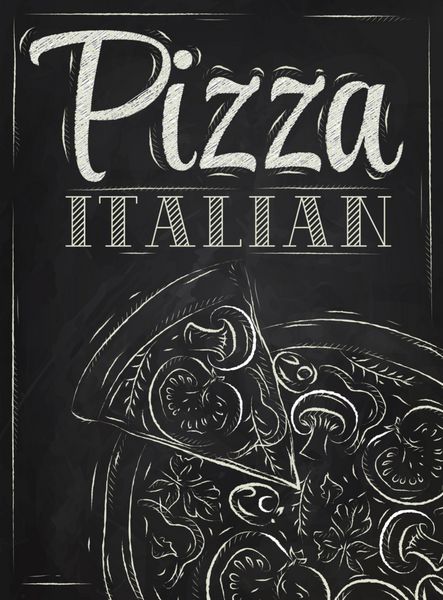 پوستری با پیتزا و تکه‌ای از پیتزا با کتیبه طراحی سبک پیتزا ایتالیایی با گچ روی تخته سیاه