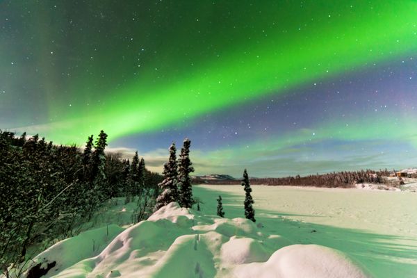 نمایش دیدنی نورهای شدید شمالی یا شفق قطبی یا نورهای قطبی که چرخش های سبز را بر روی منظره زمستانی برفی دریاچه یخ زده لابرگه یوکان کانادا تشکیل می دهند