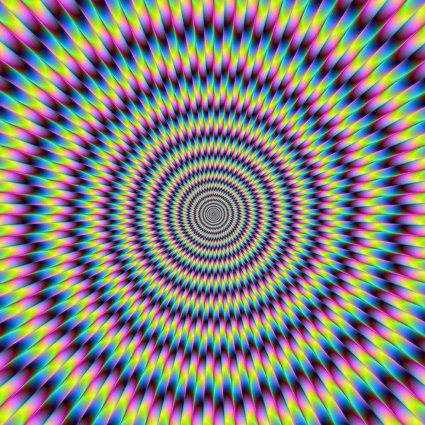 حلقه های رنگی تصویر فراکتال انتزاعی دیجیتال با طرح دایره ای روانگردان در رنگ های آبی زرد و بنفش که توهم نوری حرکت را ارائه می دهد