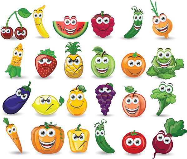 میوه ها و سبزیجات کارتونی با احساسات مختلف