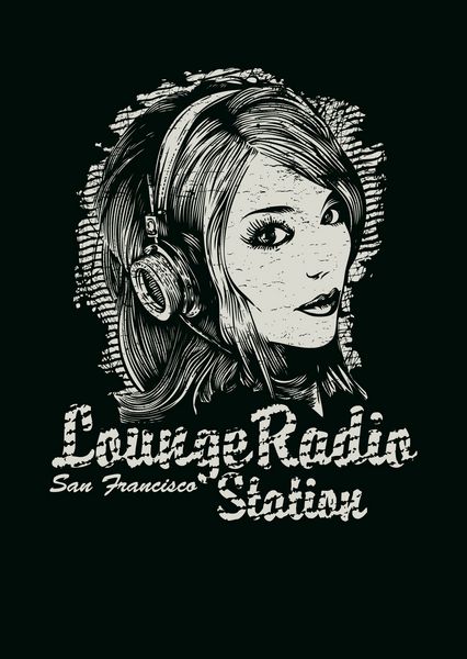 ایستگاه رادیویی سالن با طراحی رترو برای چاپ پوستر یا تی شرت با دختر زیبا با هدفون و فونت های قدیمی وکتور افکت گرانج در لایه جداگانه